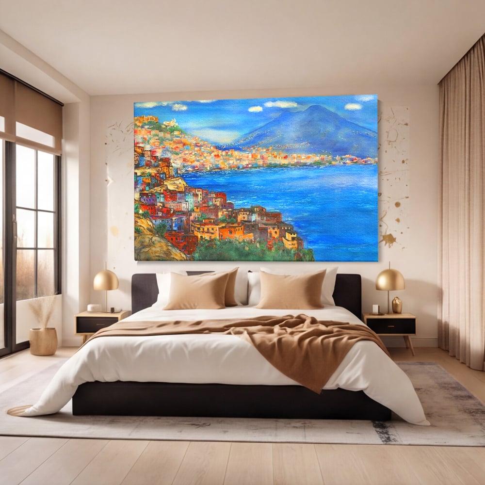 Tablou canvas cu tablou canvas cu peisaj din napoli, fara rama, pe sasiu de lemn, pe perete intr-un dormitor